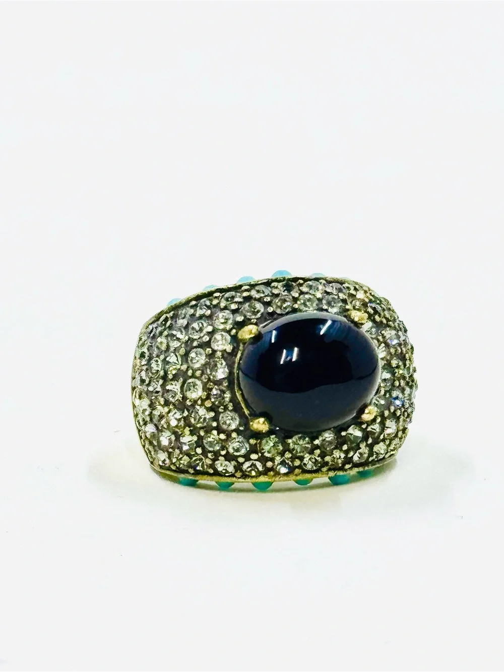Heidi Daus Black Captivating Cabochon Crystal Pave Turquoise Art Deco Dome Ring